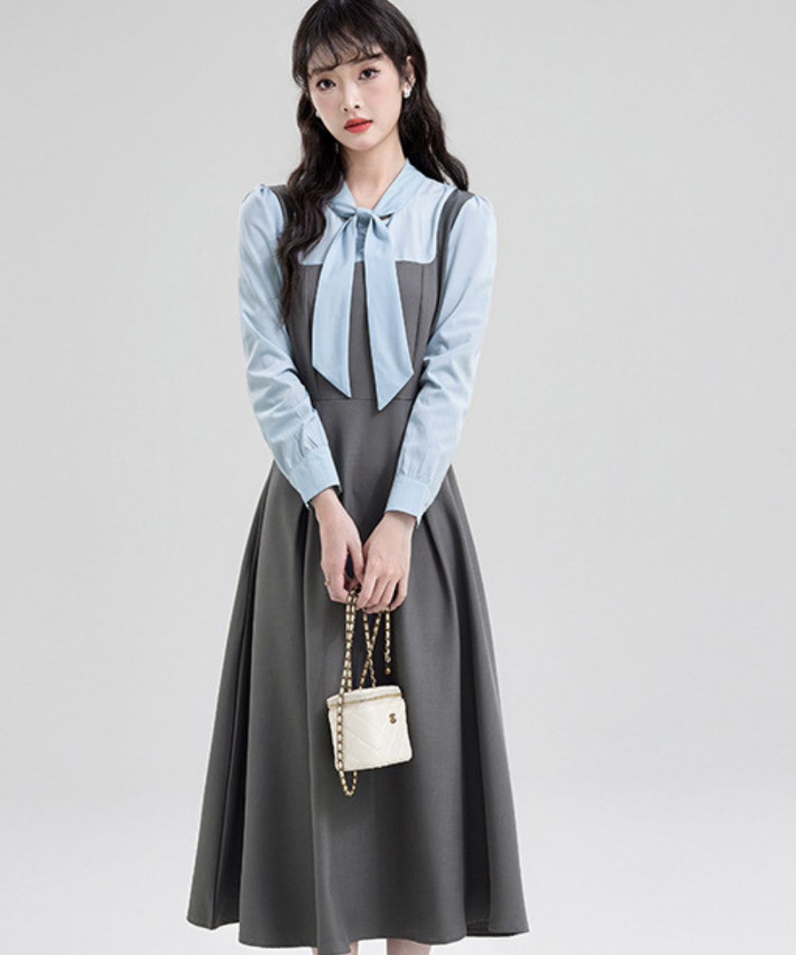 ボウタイブラウス風フェイクジャンスカワンピース