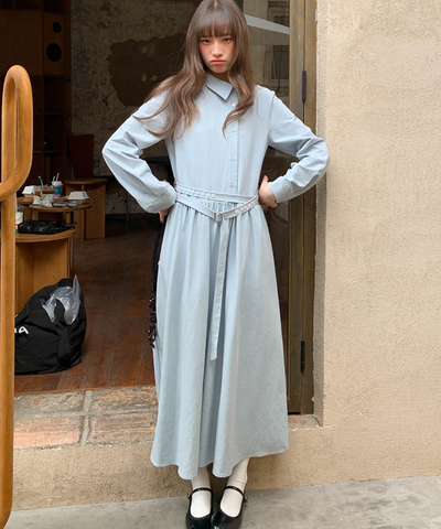 アシンメトリーボタンウエストベルトワンピース