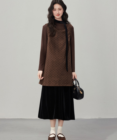 リボン付きドットベロアフェイクツーピースワンピース