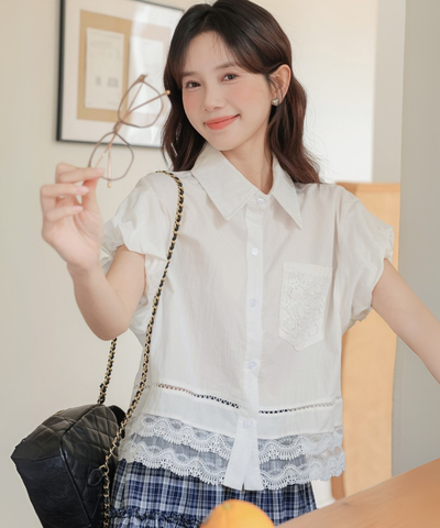 レース切り替えシャツカラーブラウス