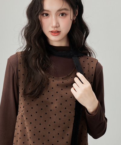 リボン付きドットベロアフェイクツーピースワンピース