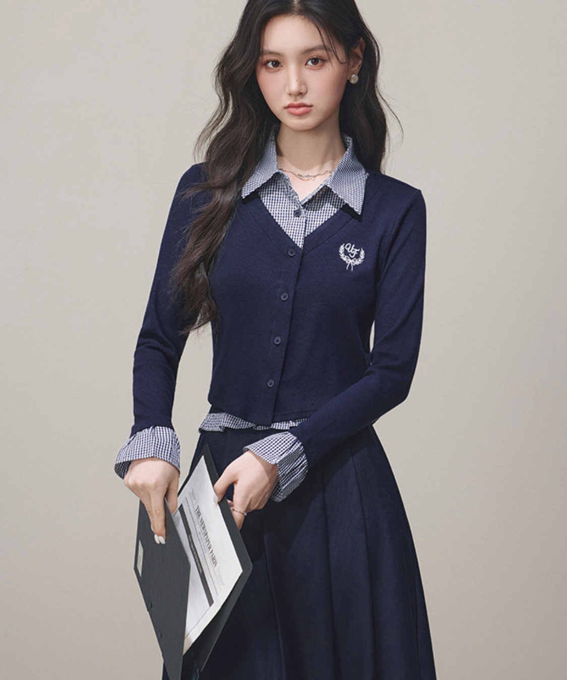 シャツ襟フェイクレイヤードトップス＋ボックスプリーツスカート 2点セット