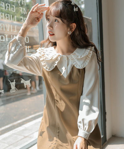 ダブルフリルカラーブラウス風Aラインフェイクレイヤードミニワンピース