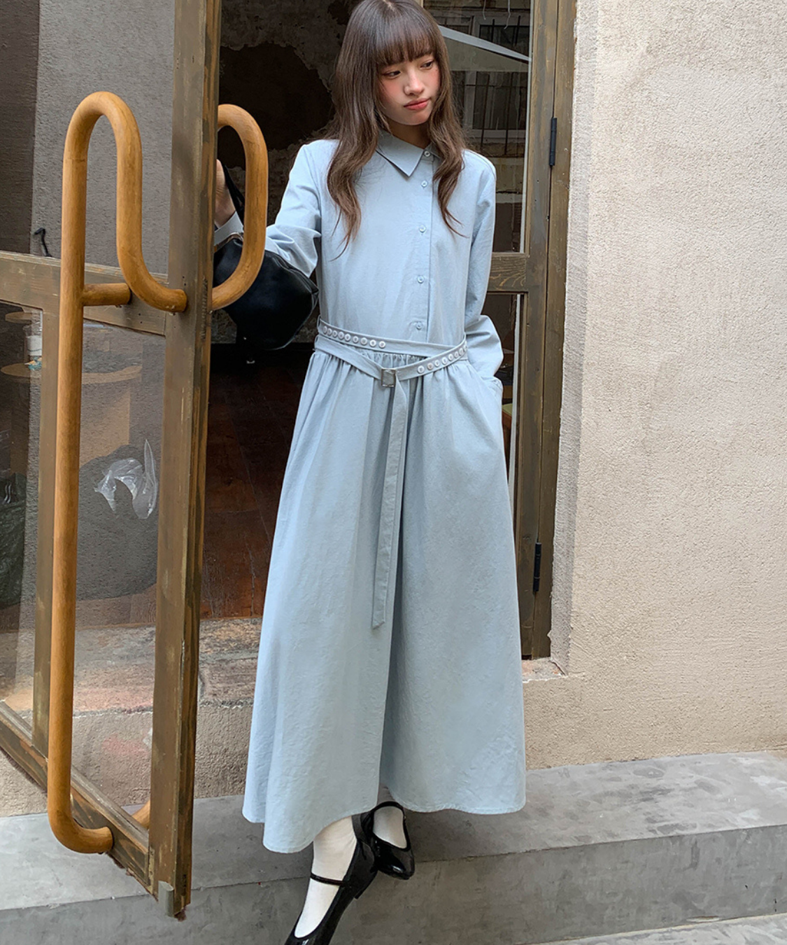 アシンメトリーボタンウエストベルトワンピース