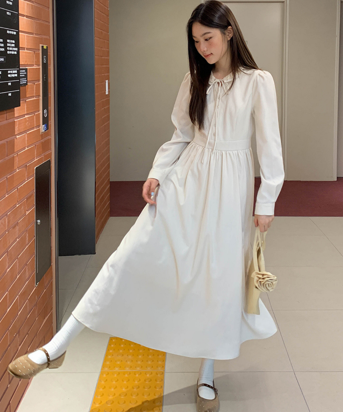 フリル襟リボン付きジャカードワンピース