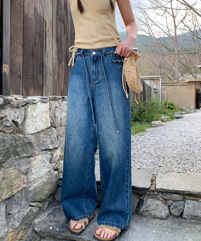 フリルウエストドローストリングデニムワイドパンツ