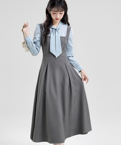 ボウタイブラウス風フェイクジャンスカワンピース