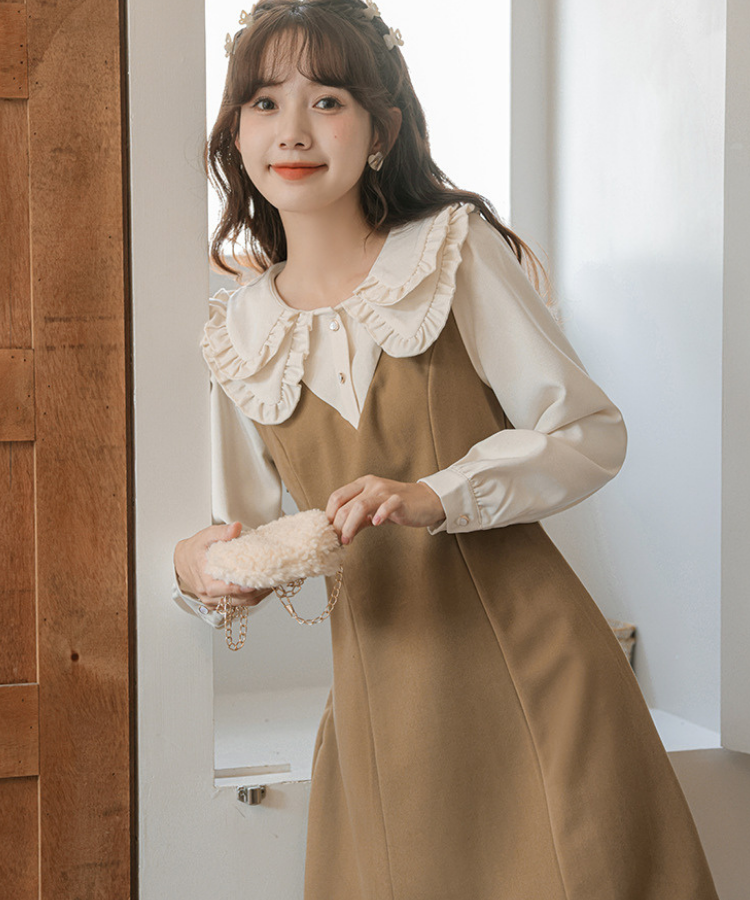 ダブルフリルカラーブラウス風Aラインフェイクレイヤードミニワンピース