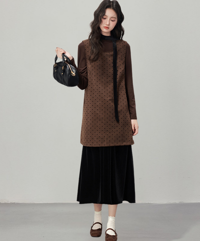 リボン付きドットベロアフェイクツーピースワンピース