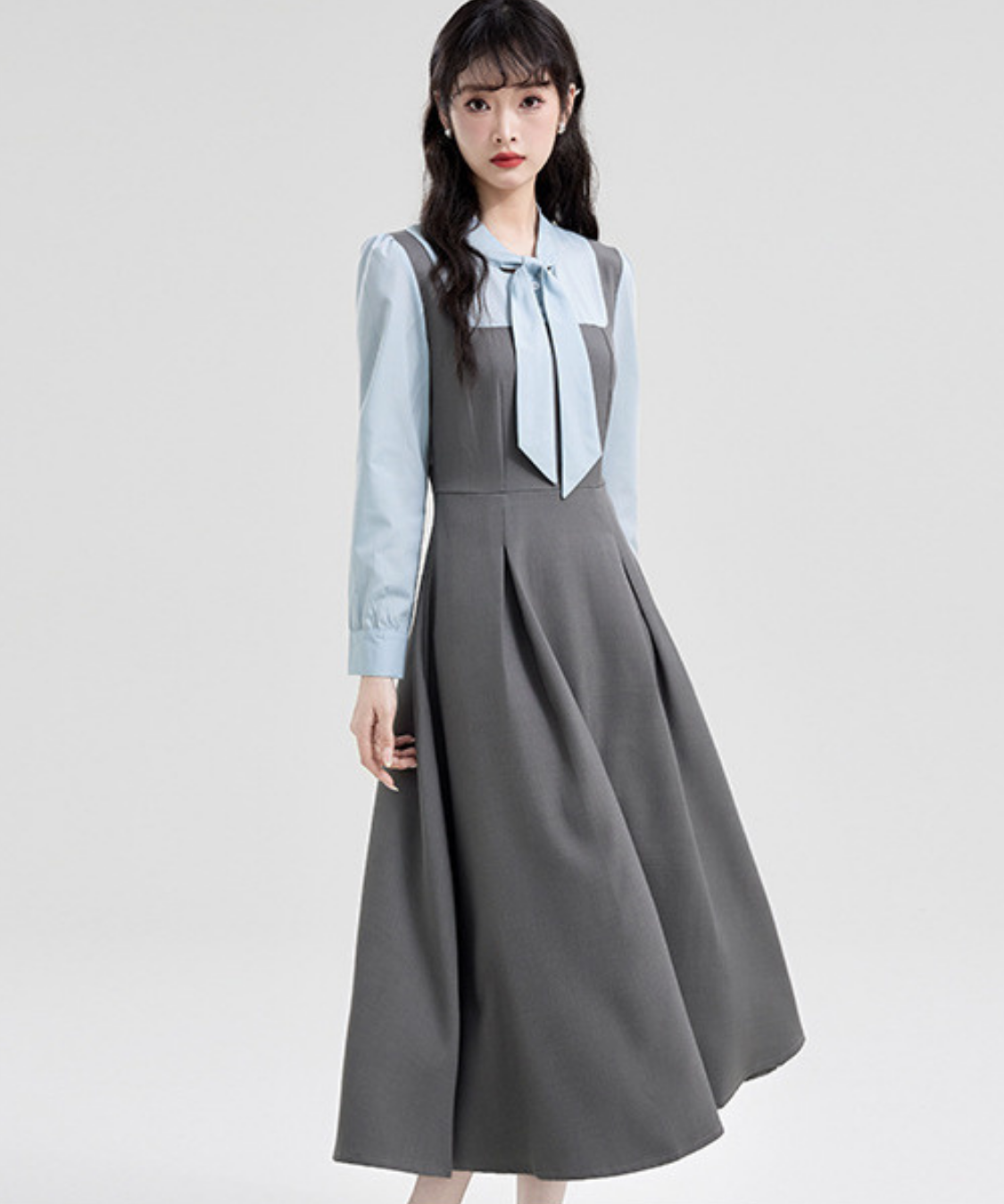 ボウタイブラウス風フェイクジャンスカワンピース