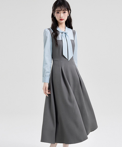 ボウタイブラウス風フェイクジャンスカワンピース