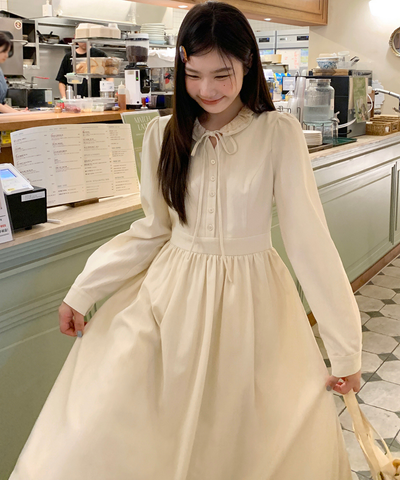 フリル襟リボン付きジャカードワンピース