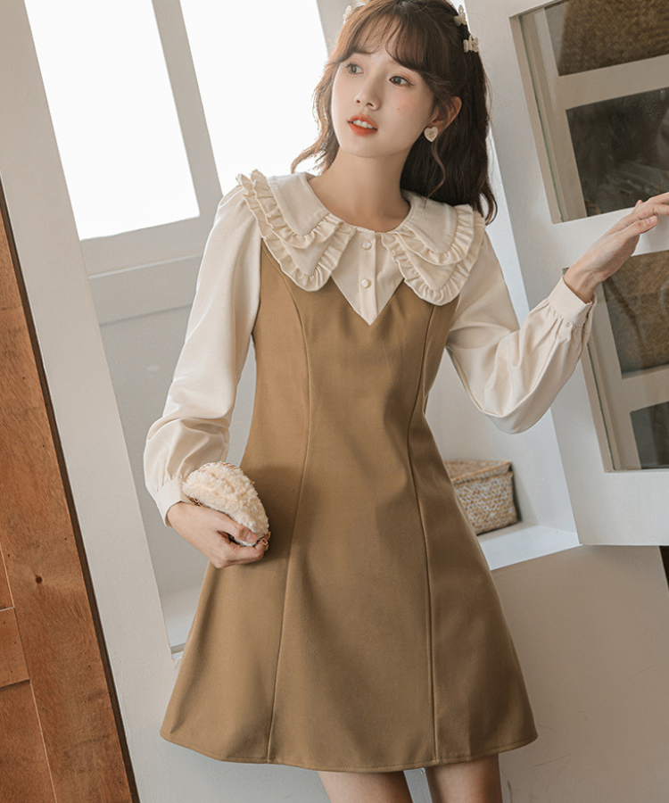 ダブルフリルカラーブラウス風Aラインフェイクレイヤードミニワンピース