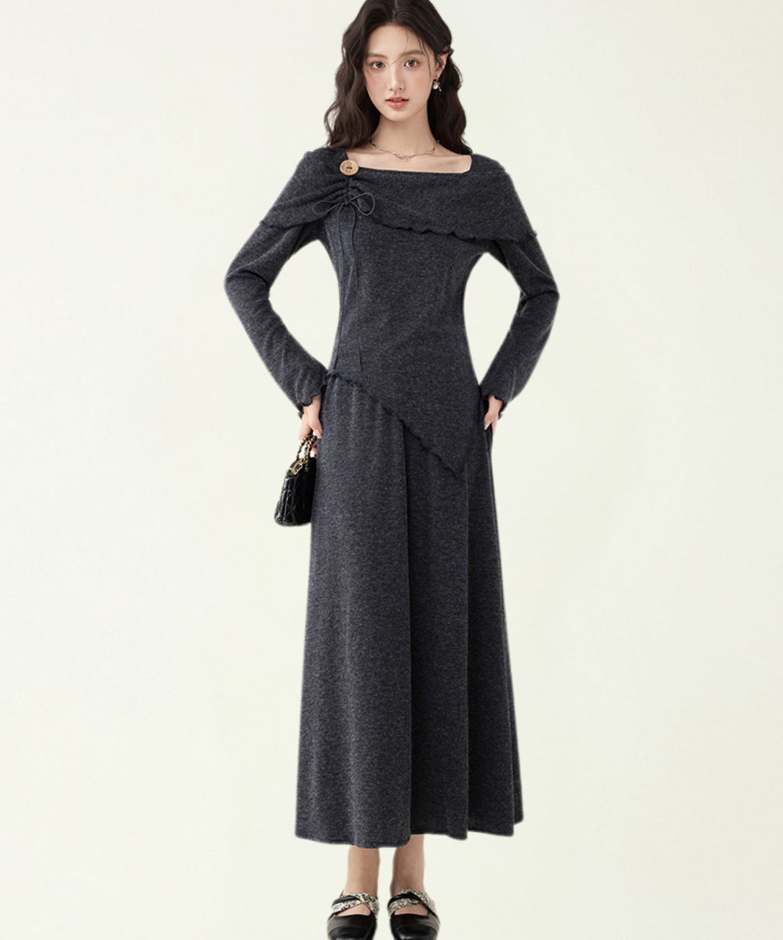 飾りリボン付きアシンメトリートップス＋フレアスカート 2点セット