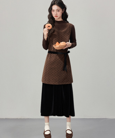 リボン付きドットベロアフェイクツーピースワンピース