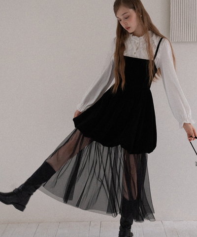 ベロア切替チュールスカートレイヤードキャミワンピース