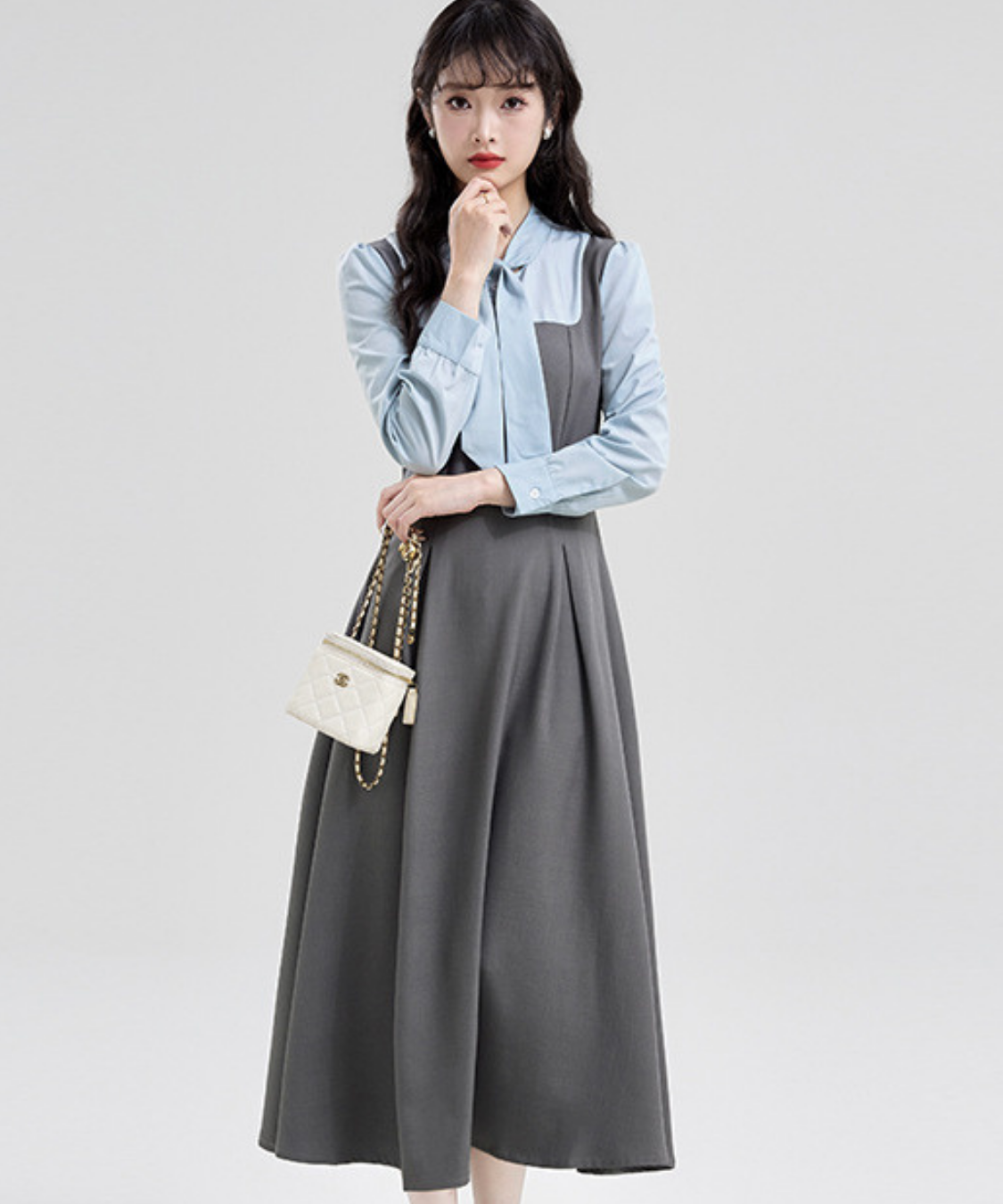 ボウタイブラウス風フェイクジャンスカワンピース