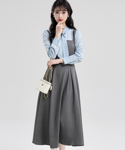 ボウタイブラウス風フェイクジャンスカワンピース