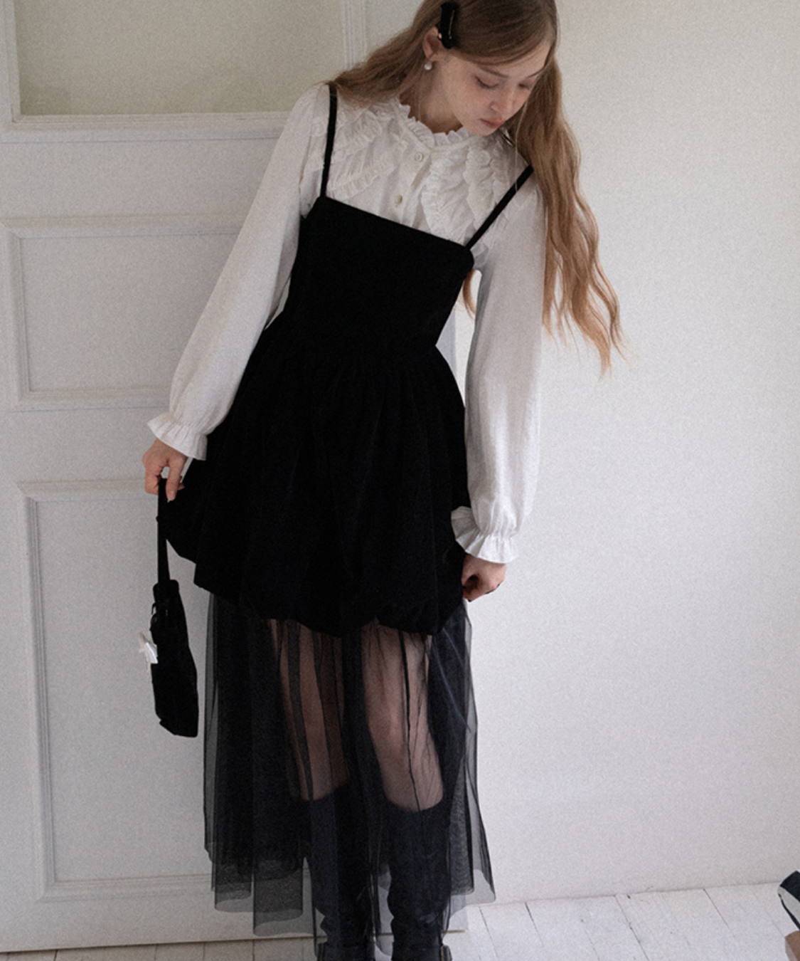 ベロア切替チュールスカートレイヤードキャミワンピース