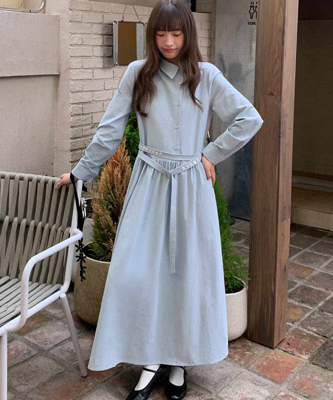 アシンメトリーボタンウエストベルトワンピース