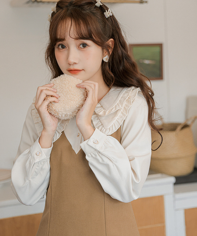 ダブルフリルカラーブラウス風Aラインフェイクレイヤードミニワンピース