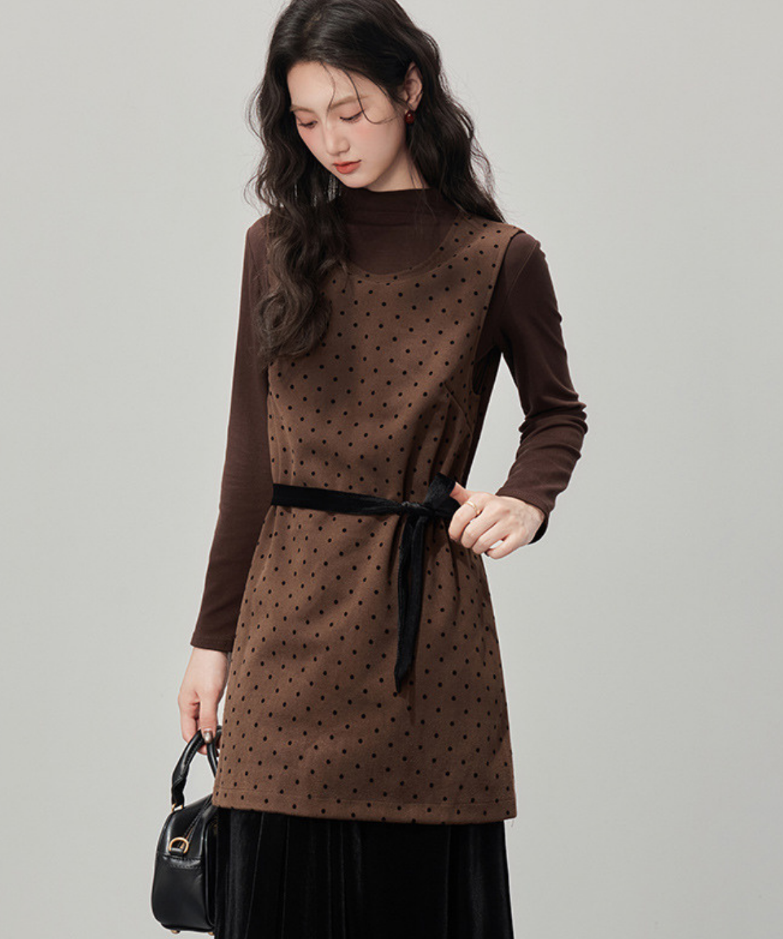 リボン付きドットベロアフェイクツーピースワンピース