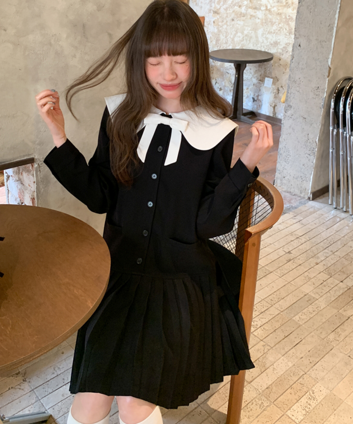 配色セーラーカラープリーツスカートワンピース