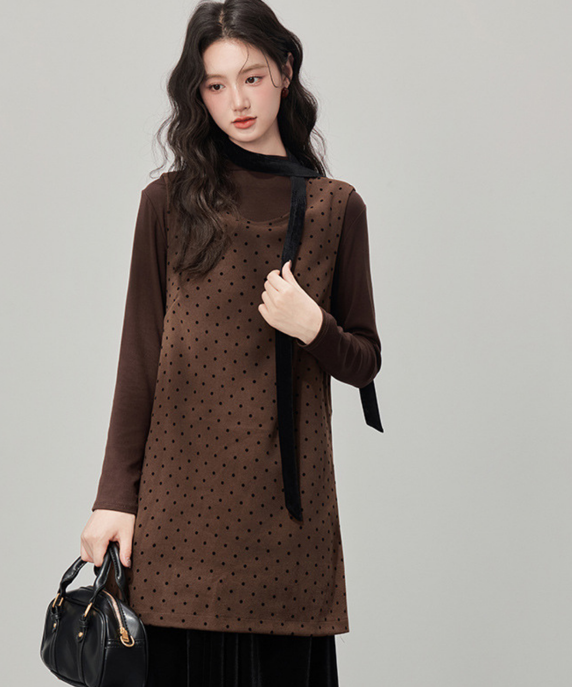 リボン付きドットベロアフェイクツーピースワンピース