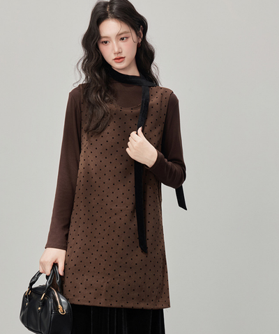 リボン付きドットベロアフェイクツーピースワンピース