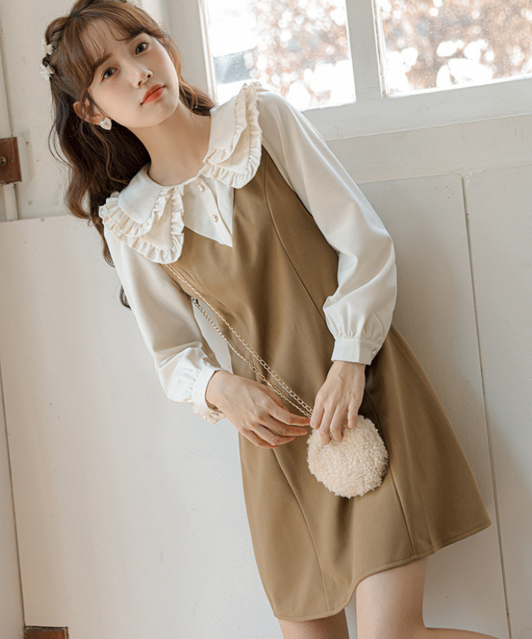 ダブルフリルカラーブラウス風Aラインフェイクレイヤードミニワンピース