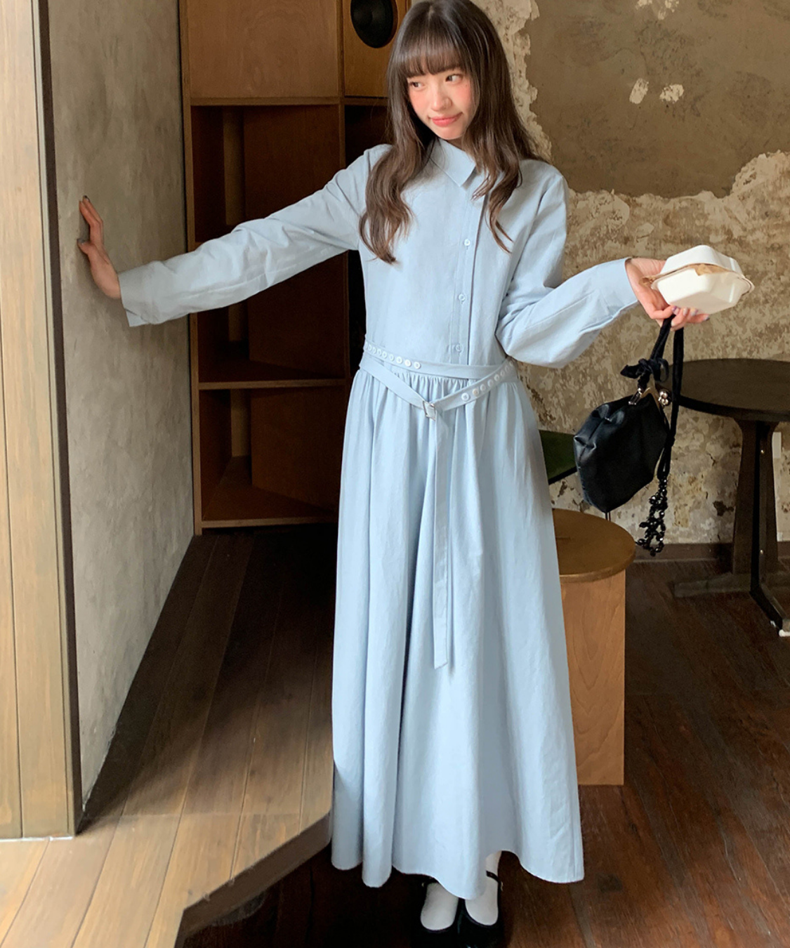 アシンメトリーボタンウエストベルトワンピース