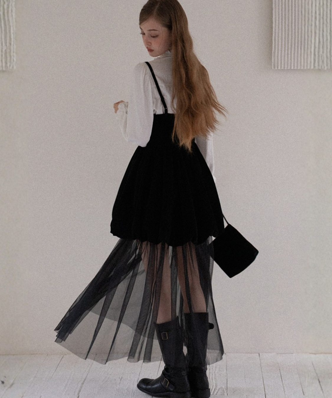 ベロア切替チュールスカートレイヤードキャミワンピース