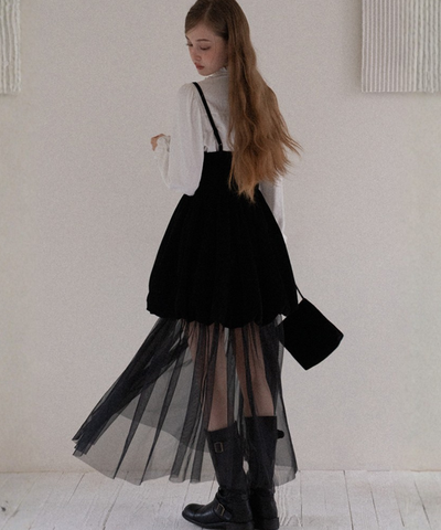 ベロア切替チュールスカートレイヤードキャミワンピース