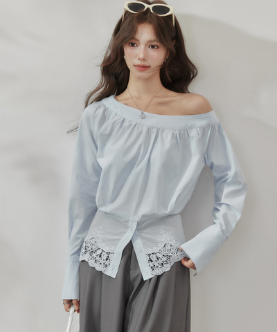 ワンショルレース切替シャーリングブラウス