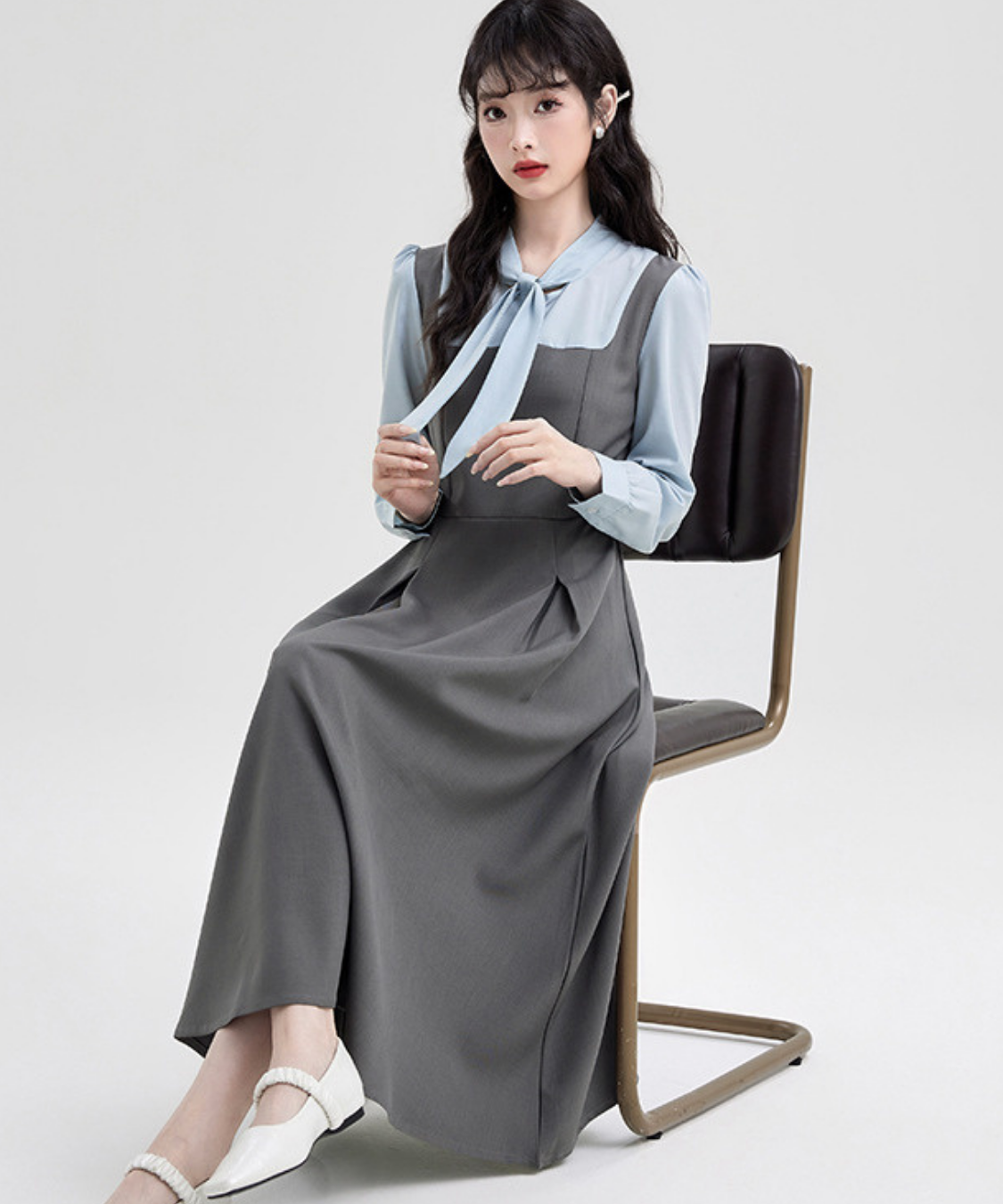 ボウタイブラウス風フェイクジャンスカワンピース