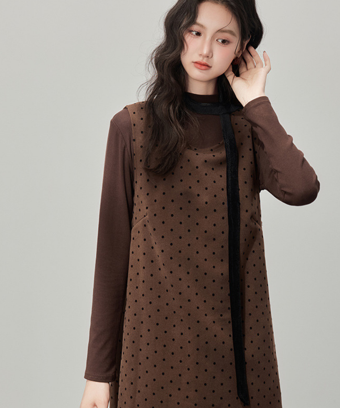 リボン付きドットベロアフェイクツーピースワンピース