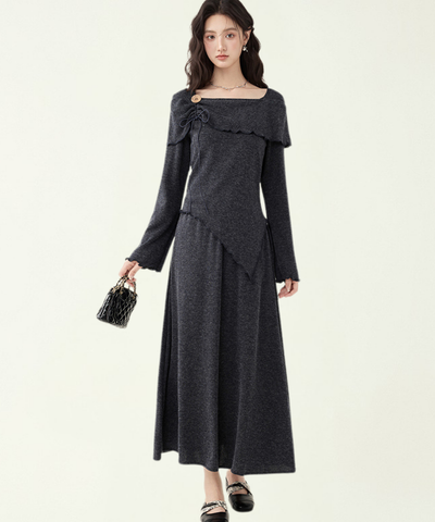 飾りリボン付きアシンメトリートップス＋フレアスカート 2点セット