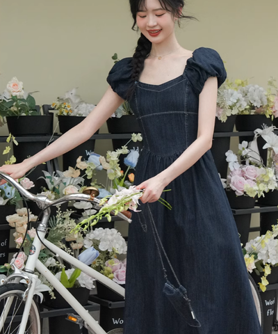 パフスリーブウエスト切り替えデニムワンピース