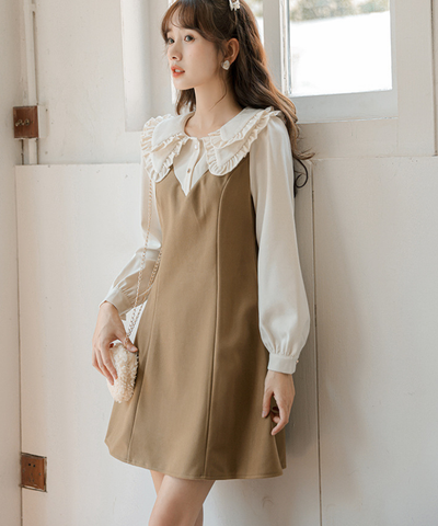 ダブルフリルカラーブラウス風Aラインフェイクレイヤードミニワンピース