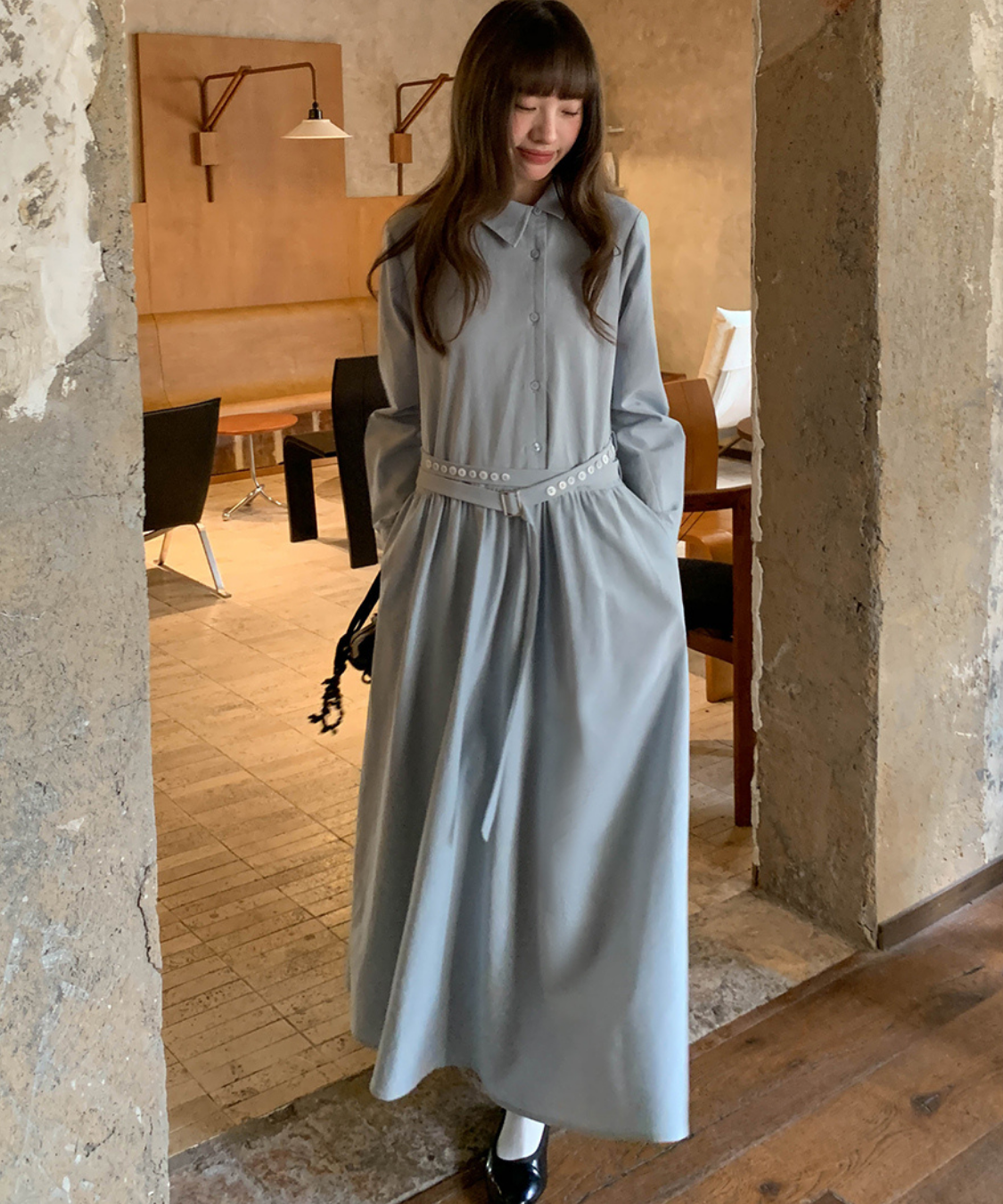 アシンメトリーボタンウエストベルトワンピース