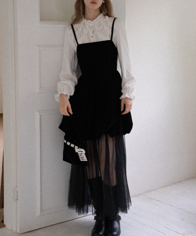 ベロア切替チュールスカートレイヤードキャミワンピース