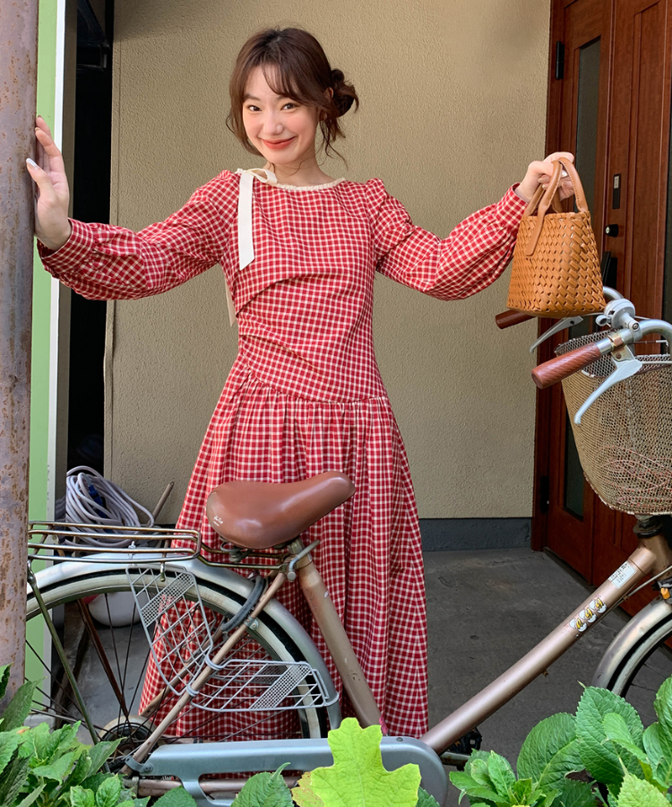 サイドリボンギンガムチェックレトロワンピース – jemiremi（ジェミレミ）