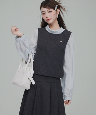 バックリボンブラウス＋無地ノースリーブベスト＋フレアタックスカート 3点セット