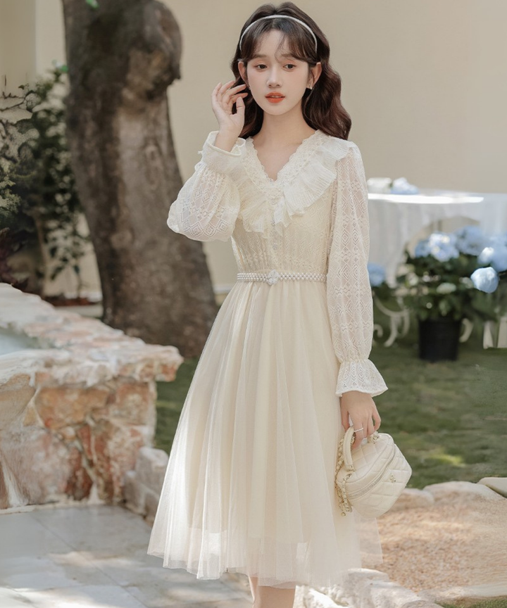 ラッフルカラーレース長袖パールベルトワンピース – jemiremi