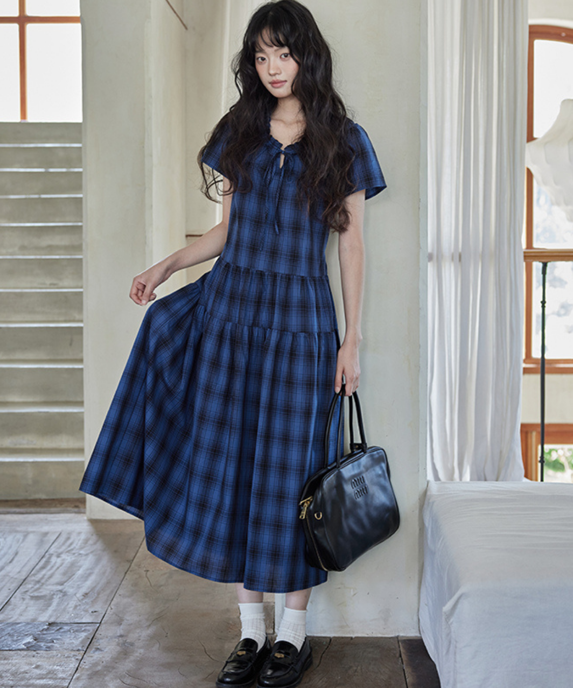 チェック柄ギャザーフリルネックティアードワンピース