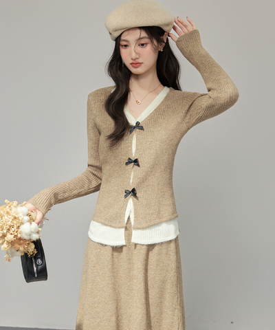 フロントリボンリブカーデ＋ロングニットスカート 2点セット