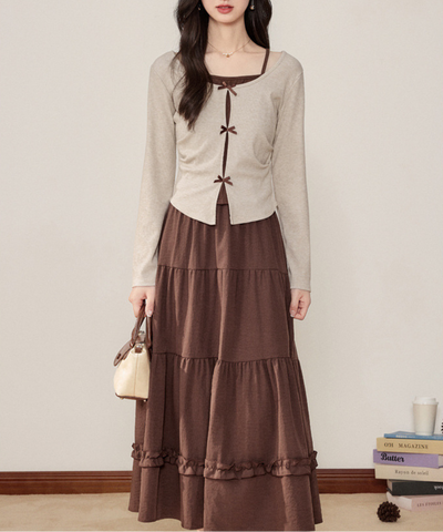 リボンフェイクレイヤードトップス＋ティアードフリルスカート 2点セット