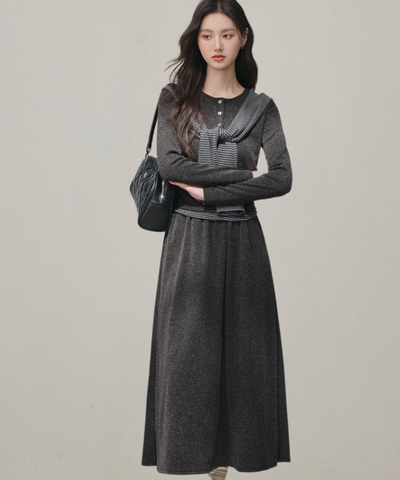 ヘンリーネックニット＋ロングスカート＋フード付きボーダーショール 3点セット