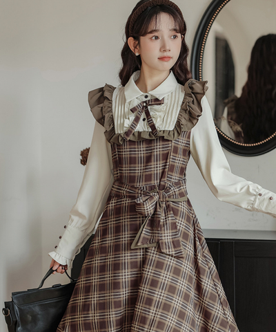 ピンタックブラウスドッキングチェック柄ワンピース