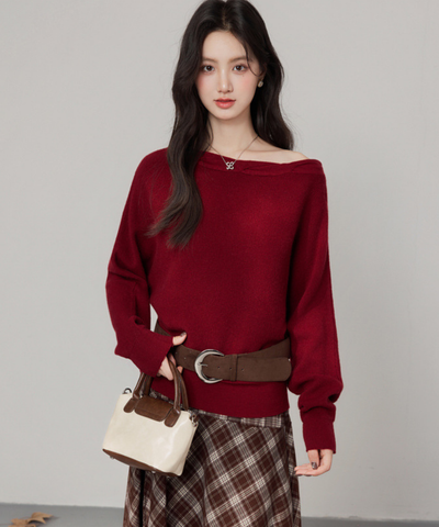 オフショルダーニット＋チェックアシンメトリースカート 2点セット